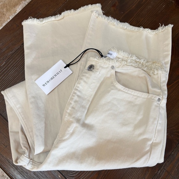 WEWOREWHAT HIGH RISE WIDE LEG FRAYED STRAIGHT LEG CREAM DENIM PANTS JEANS SZ 27 - Picture 2 of 13